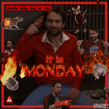 a man in a red sweater with the words it is monday on it