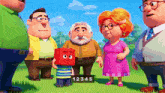 a group of cartoon characters are standing in a grassy field with the number 12345 visible