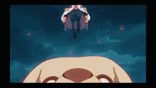 a man is flying through the air next to a giant lion .