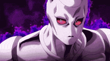 a pixel art of a person with red eyes and a purple background .