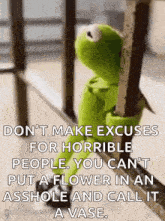 kermit the frog is leaning against a railing with a quote written on it .