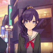 a girl with purple hair and blue eyes is standing in front of a building
