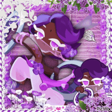 a picture of a cookie run character surrounded by purple flowers and lace