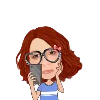a cartoon girl wearing heart shaped glasses is licking her lips while holding a cell phone