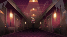 a cartoon of a man standing in a hallway with a spider web hanging from the ceiling