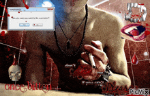 a man is smoking a cigarette in front of a warning screen