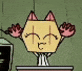 a cartoon cat is sitting on a podium with its paws up .