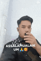 a man is holding a bottle in his mouth with the words assalamualaikum um written below him