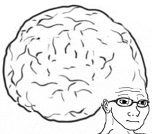a black and white drawing of a man with glasses and a large brain behind him .