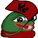 a green frog wearing a red hat is holding a red flag .