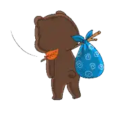 a drawing of a brown bear carrying a blue bag and a stick