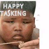 a happy tasking sticker with a boy holding a stick