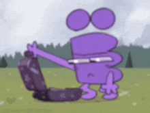 a purple cartoon character is holding a suitcase in a field