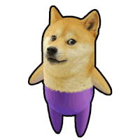 a dog wearing purple pants and a shark tail