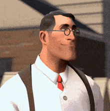 a cartoon character wearing glasses and suspenders smiles