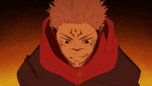 a close up of a person 's face with a red hoodie