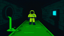 a cartoon drawing of a man in a yellow space suit with the letter b on his chest