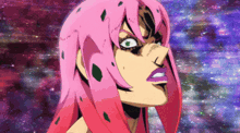 a cartoon character with pink hair and purple lipstick is looking at the camera .