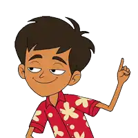 a boy in a red shirt with flowers on it points up