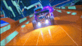 a hot wheels car is going down a track
