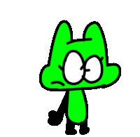 a green cartoon character with a black tail and ears is standing on a white background .