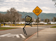 a stick figure stands in front of a yellow sign that says speed hump