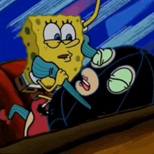 a cartoon of spongebob holding a knife next to a woman in a black catsuit .
