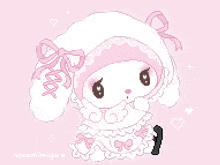 a pixel art drawing of a sheep with a bow on its hat