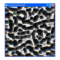 a computer screen shows a black and white graphic with the words calligraf futurism.exe
