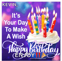 a birthday card for kevin with a cupcake and candles on it