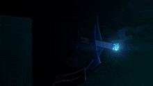 a cartoon character is holding a blue sword in the dark