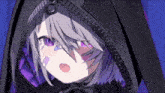 a girl with purple eyes is wearing a black hooded jacket