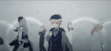 a group of anime characters are standing in a row