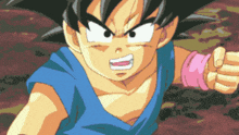 a close up of a cartoon character with a blue shirt and a pink wristband