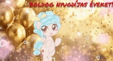 a cartoon of a pony with the words boldog nyugoditas eveket on the bottom