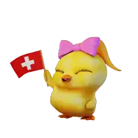 a chick with a pink bow on its head holds a red flag with a white cross on it