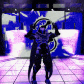 a video game character is standing in front of a large screen