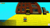 a video game shows a teddy bear standing in front of a building