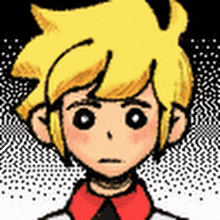 a cartoon of a boy with yellow hair and a red collar