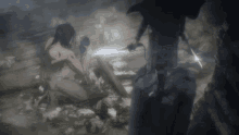 a naked woman is kneeling on the ground holding a sword