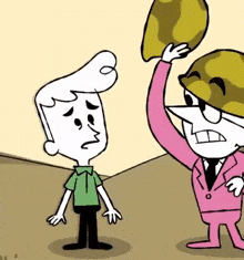 a cartoon of a man in a pink suit talking to another man