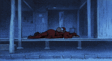 a cartoon character is laying on the ground in front of a building