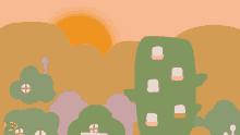 a cartoon drawing of a sunset with a green building in the foreground and the words pink beans below it