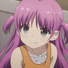 a little girl with purple hair and pigtails is wearing an orange tank top