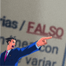a man in a suit and tie is pointing at the word false