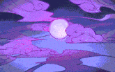 a cartoon drawing of a full moon with purple clouds