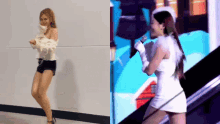 a woman in a white dress is standing next to another woman