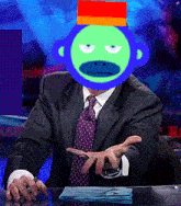 a man in a suit and tie with a green monkey face on his head