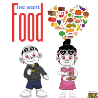a cartoon of a boy and a girl standing next to each other with the words me want food above them