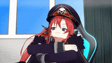 a girl with red hair is wearing a hat with a skull and crossbones on it